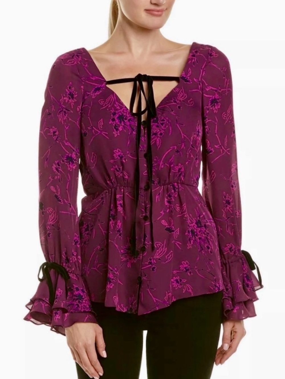 Cinq a Cept Blouse Top Mabel Silk Floral Ruffle XS NWOT